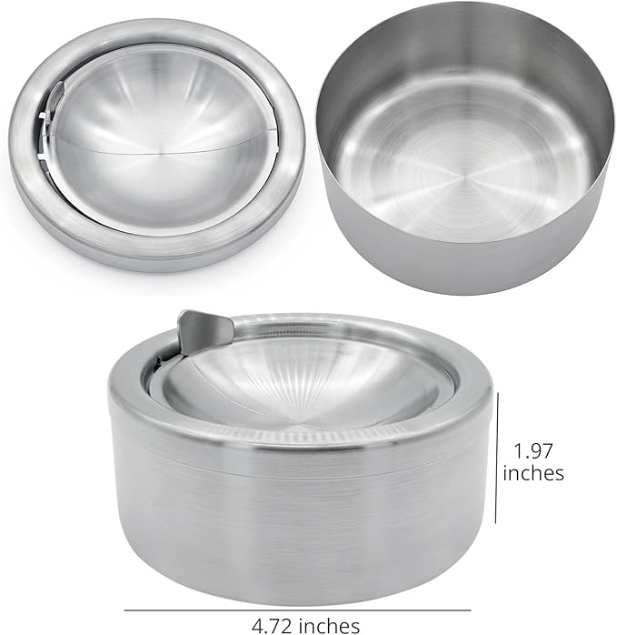 Windproof Ashtray with Lid - Heavy Duty Stainless Steel Ash Tray for Weed and Cigarettes, Smokeless Indoor Outdoor Table Top Cigarette Butt Disposal for Patio Home Office