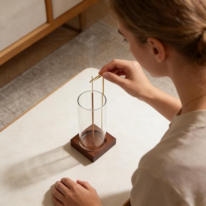 Incense Holder,Wooden Incense Holder for Sticks with 20 Incense Sticks, Anti-ash Incense Burner with Glass Ash Catcher, Wood Incense Holder 20 Stick (2 Pack Wooden Round)