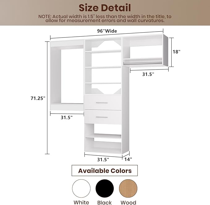 ROOMTEC Modular Closet System, 96" Wall Mounted Modern Closet Organizer with Hanging Rods and Drawers, Wooden Tower for Walk-In Closets, Wardrobe Storage Kit, White