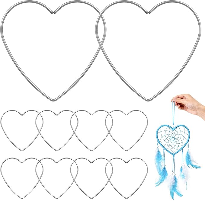 Sewroro 10pcs Heart Shaped Dreamcatcher Rings, Metal Dreamcatcher Hoops for DIY Crafts, Handmade Dress Accessories for Women and Girls, 4. 72 Inch Silver Wire Frames