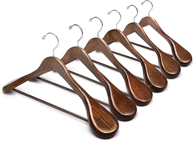 Amber Home 6 Pack Walnut Wide Shoulder Wooden Suit Hangers, Wood Coat Hangers with Non Slip Pants Bar, Clothes Hangers for Jackets, Sweaters, Pants & Heavy Clothes (Vintage, 6 Pack)