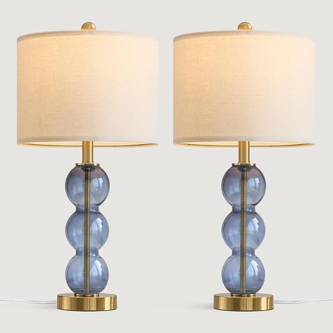 Oneach 25" Blue Table Lamps for Living Room, Glass Modern Table Lamp Set of 2, USB Charging Ports, Linen Shade, Bedside Lamps for Bedroom, Nightstand, Side Table