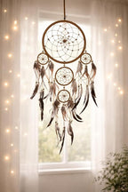 OMA Dream Catcher Wall Hanging with Tiger Eye Stones and Feathers, Brown Suede Traditional Dream Catcher Boho Home Decor Bedroom Decoration Gift Large Size - 28" Long x 9" Diameter