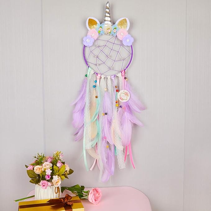 QtGirl Dream Catchers for Kids Unicorn Wall Decor for Girls Bedroom Flower Feather Wall Hanging Decoration