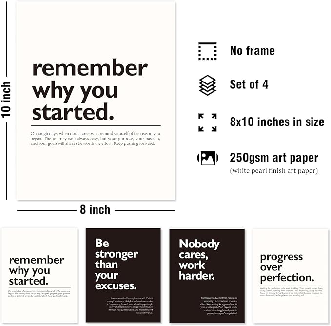 DSHFG Motivational Office Pictures Wall Decor Prints Set of 4, Black Motivational Wall Art Decor Retro Posters Prints for Office Home Decor, 8x10 Unframed