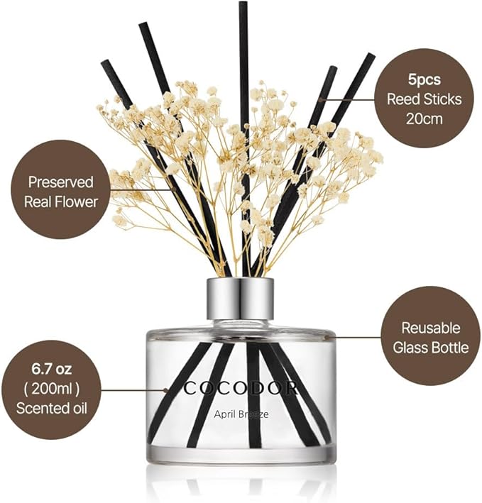 COCODOR Preserved Real Flower Reed Diffuser/Clean Linen / 6.7oz(200ml) / 2 Pack/Reed Diffuser Set, Oil Diffuser & Reed Diffuser Sticks, Home Decor & Office Decor, Fragrance and Gifts