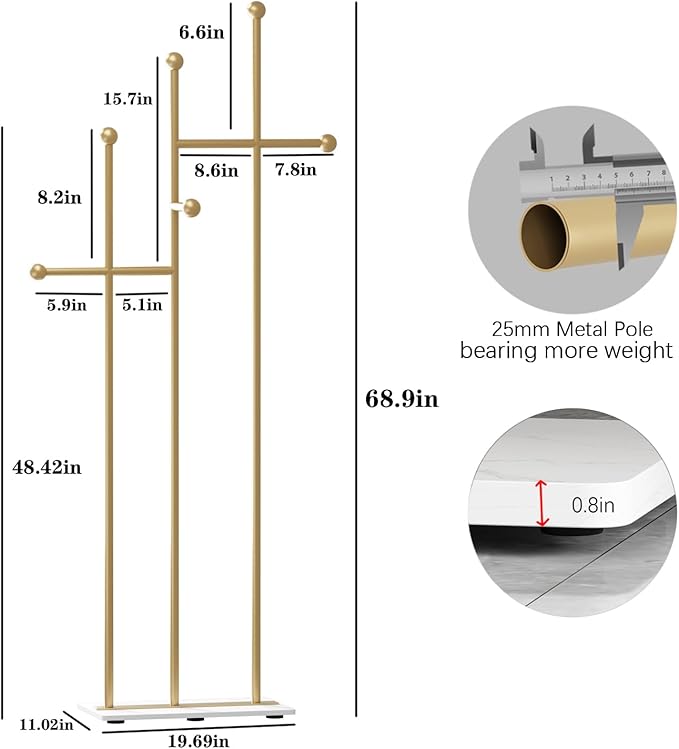 Gold Coat Racks with Marble Base Heavy Duty Clothes Rack Metal Coat Tree for Clothes Hats Scarfs Totes-19.7''L,GOLD