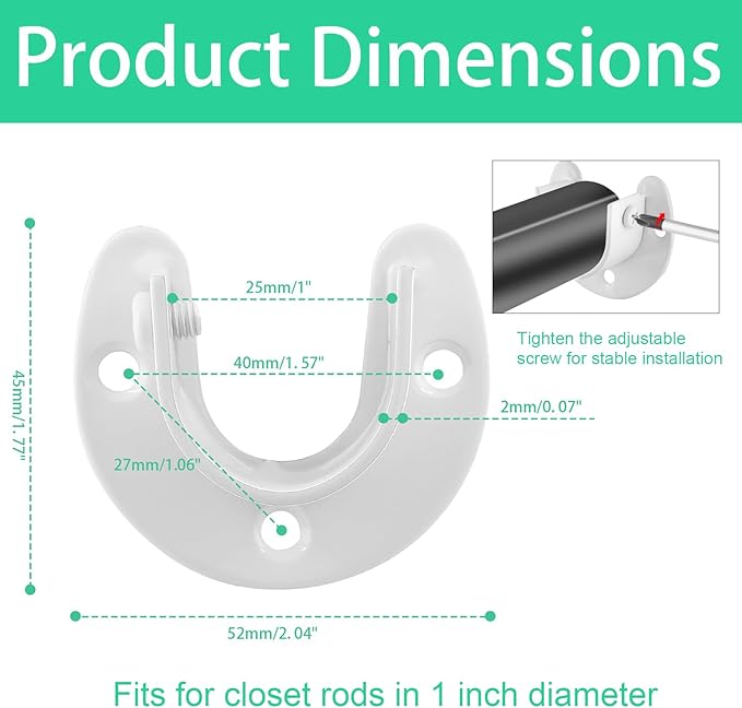 2 Packs Stainless Steel Closet Rod End Supports 1 Inch Wardrobe Bracket Heavy Duty Closet Pole Sockets Flange Rod Holder, U-Shaped with Screws, White