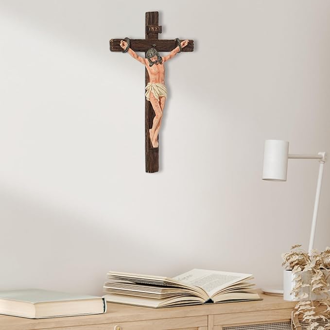 LADDERU Catholic Crucifix Wall Cross, 12 Inch Modern Jesus Christ on Cross INRI Sign, Catholic Hand-Painted Crucifix Wall Decor for Home, Bedroom, Living Room, First Communion & Confirmation Gift