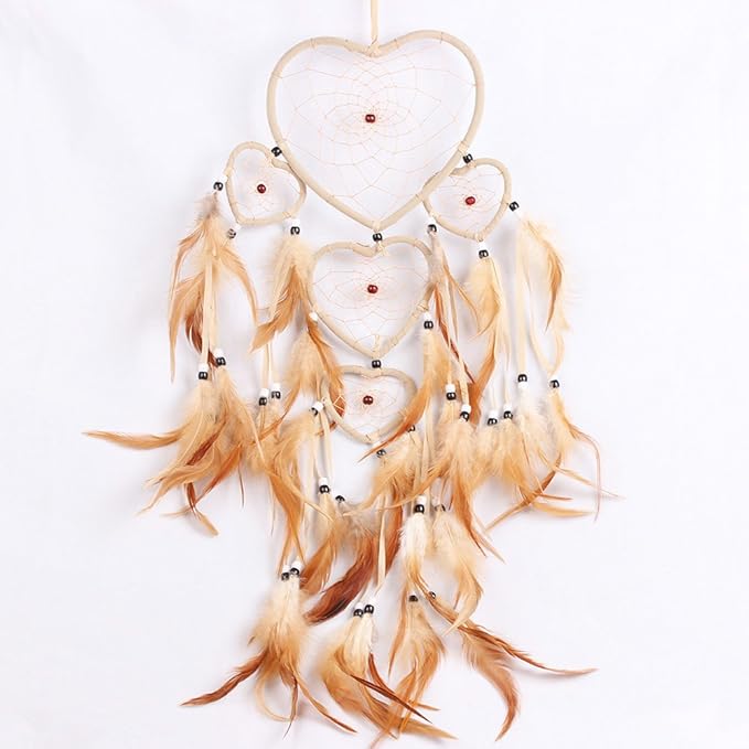 WESTONETEK Large Handmade Dream Catcher Traditional Dreamcatcher Feather Wall Hanging Decoration Ornaments Five Hearts Beige