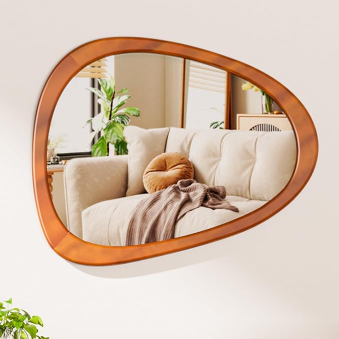 22" x 17" Irregular Wall Mirror, Wood Frame Asymmetrical Decorative Wooden Mirror for Living Room Bedroom Entryway Bathroom Hallway Home Decor Walnut Brown