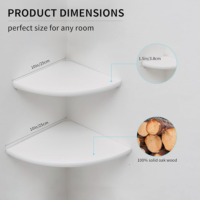 White Corner Shelf, Wall Mount 7inch Natural Oak Wood Floating Corner Wall Shelf Round End Small Corner Nightstand Plant Shelf for Bedroom, Kitchen, Living Room Set of 2…