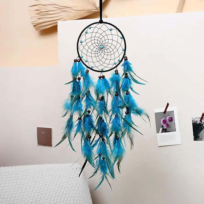 MOONFLY Dream Catchers Handmade Traditional Feather Hanging Home Wall Decoration Décor Ornament Craft Native American Style (Blue Feather)