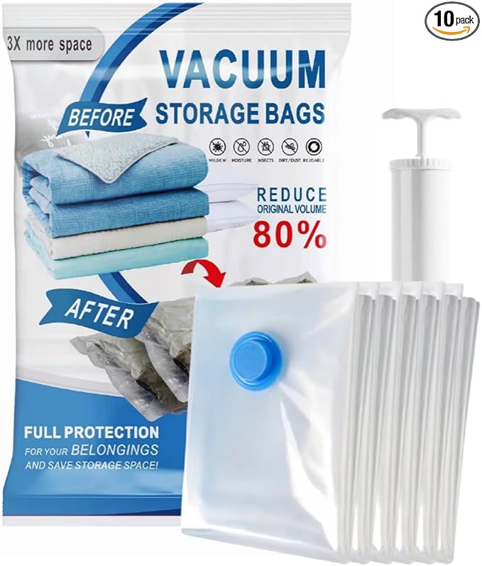 Vacuum Storage Bags, 10 Pack with Electric & Manual Pump, Space Saver Compression Bags for Clothes, Blue and White, Nylon, 4 Medium 4 Large 2 Jumbo, (Hand Pump)
