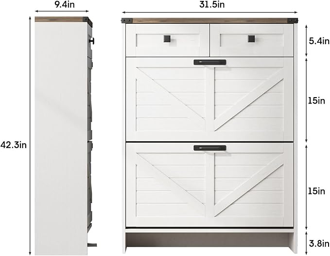 Shoe Cabinet with 2 Flip Drawers & 2 Drawers,Farmhouse Shoe Storage Cabinet for Entryway,Slim Freestanding Narrow Organizer Rack for Front Door Entrance,White