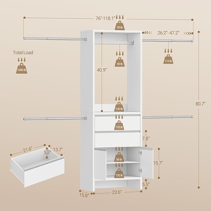 Closet System, Closet Organizer System with 4 Hang Rods, Walk-in Wooden Storage Systems with 2 Drawers & Shoe Cabinet, Fits Spaces 4-9.8FT, Wardrobe Clothes Rack Garment Rack, White MC00103E