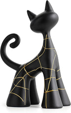 Octdays Modern Cat Statue Decor, Matte Black Abstract Cat Figurine with Hand-Painted Lines, Unique Resin Sculpture for Living Room, Bookshelf, Office, Minimalist Home Decor Gift for Cat Lovers