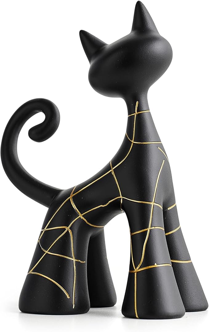Octdays Modern Cat Statue Decor, Matte Black Abstract Cat Figurine with Hand-Painted Lines, Unique Resin Sculpture for Living Room, Bookshelf, Office, Minimalist Home Decor Gift for Cat Lovers