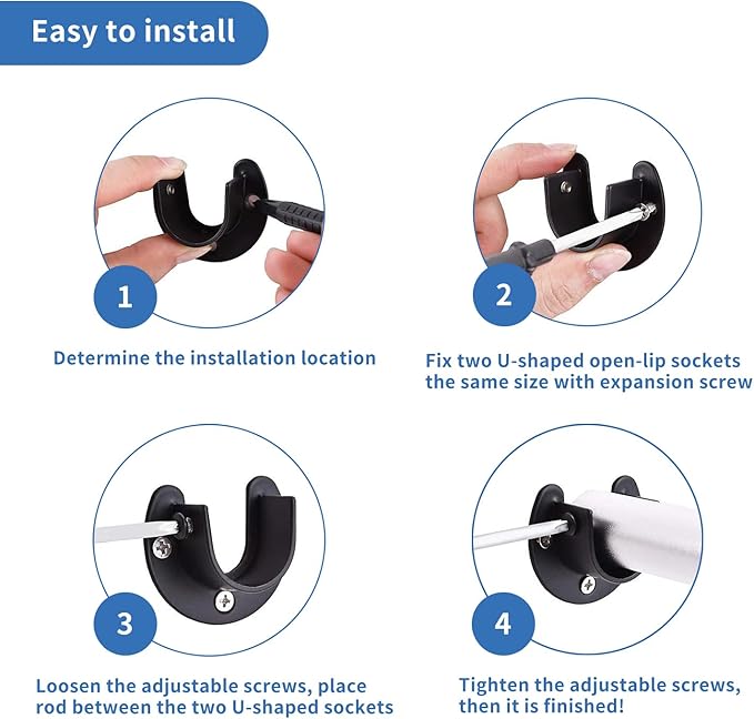 Stainless Steel Closet Rod Bracket, 3/4 Inch Diameter Closet Rod Holder 2 Pcs, Heavy Duty Black Curtain Holder with Screws