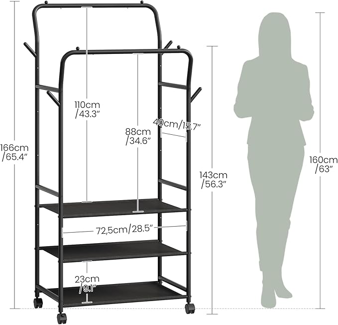 Clothes Racks for Hanging Clothes, Rolling Garment Rack, Clothing Rack with Wheels and Hooks, Double Rod Clothes Rack with Shelves, for Bedroom, Living Room, Laundry Room Black TYM07BB