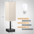 aooshine Small Linen Bedroom Lamp - 3 Color Temperature 3000K 5000K 4000K Bedside Lamp, Pull Chain Control, USB A and C Charging Ports, Black Base, for Kids Office Dorm, Bulb Included
