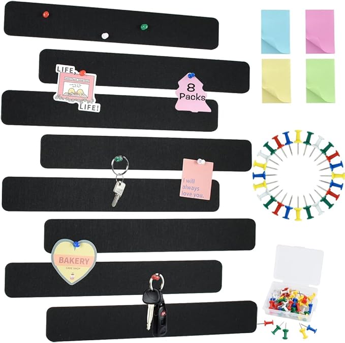 Vuzvuv 8 pcs Bulletin Board Bar Strips with 50 Pushpins & 10 Wooden Clip pins，Self Adhesive Cork Board for Wall，Felt Pin Board for School，Office Decor(Black)