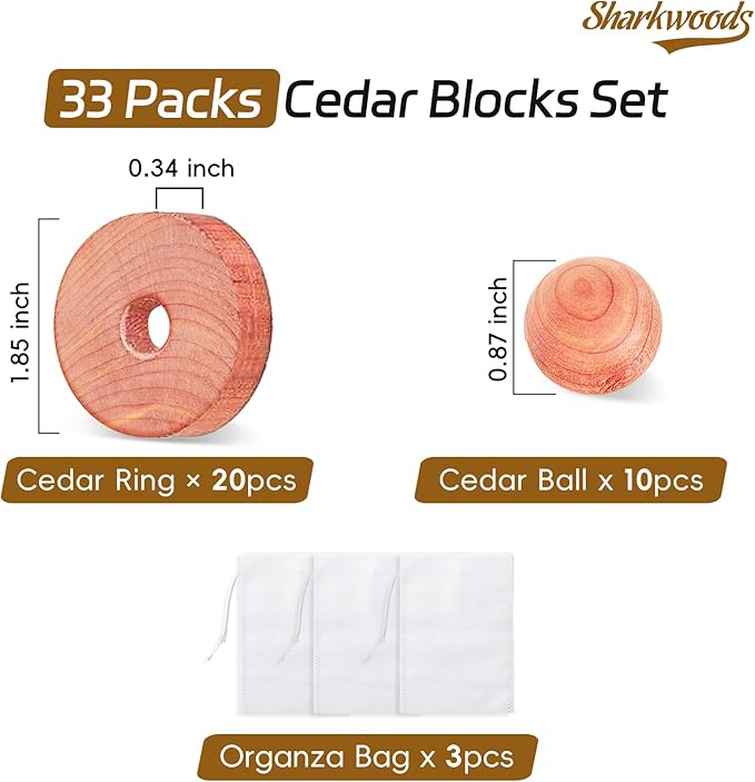 Cedar Blocks for Clothes Storage 33 Pack, 20 Rings 10 Balls 3 Storage Bags, 100% Natural Aromatic Accessories for Closets and Clothes
