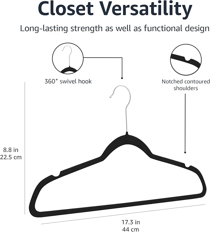 Amazon Basics Slim Velvet Non-Slip Space Saving Suit Clothes Hangers for Closet Organization, Black/Silver, 30-Pack