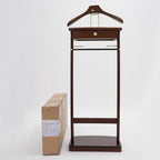 Clothing Valet Stand, Wood Suit Rack with Drawer & Compartment, Freestanding Valet Stand for Women and Man, 17"x12"x44" Suit Stand for Home Hotel Office (Walnut Color)