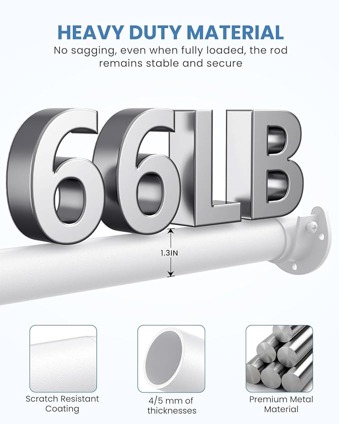 Closet Rods for Hanging Clothes, 17 to 69 Inches Stepless Adjustable Metal Closet Rod, 1.3 Inches Heavy Duty Clothes Hanging Rod for Closet Wardrobes Laundry RV, White
