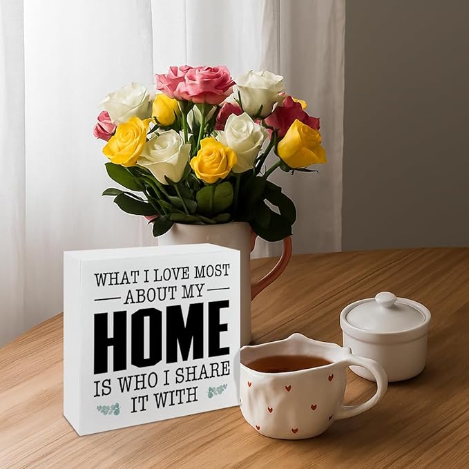 Farmhouse Decor, What I Love Most About My Home Is Who I Share It With, Gift For Her, Country Wood Signs, Home Decoration, Box Sign Decor Tabletop, 5.1x5.1inches
