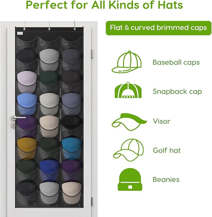 Unjumbly Baseball Hat Rack, 24 Pocket Over-The-Door Hat Organizer with Clear Deep Pockets to Display Baseball Caps Collection, Complete with 3 Over Door Hooks (Black, 24 Pockets)