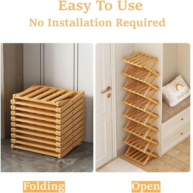 The 9-Tier No-Assembly Bamboo Rack, Foldable Stackable 9 Tier Bamboo Shoe Rack Vertical Storage Sturdy & Stable, Tall Narrow Space-Saving Expandable Shoe Rack for Entryway Closet Dorm (Brown,2 Tiers)