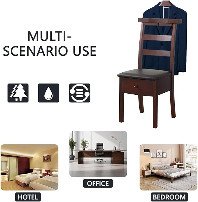 Wood Chair Valet Stand With Hanger Trouser Bar, Top Storage Tray Wardrobe, Clothing Rack Chair Valet With Cushion Wardrobe Men Women Standing Suit Valet for Hotel, Commercial(Dark Brown)