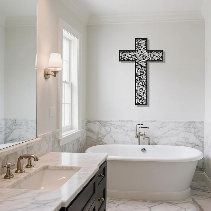 Black Metal Cross Wall Decor Iron Christian Cross for Home Church, Hollow Out Artistic Hanging Ornament, Crosses Wall Decor for Living Room, Bedroom, Decorative Thankful Religious Gift 35.4x23.5 inch