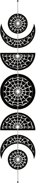 CREATCABIN 7Pcs Spider Web Moon Phase Wall Hanging Halloween Moon Cycle Bohemian Wall Decor Moon Wooden Ornaments Hang Vertical Decorative Gifts for Home Farmhouse Gallery Apartment Bar 37.1x6.3in