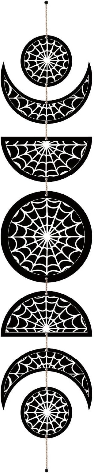 CREATCABIN 7Pcs Spider Web Moon Phase Wall Hanging Halloween Moon Cycle Bohemian Wall Decor Moon Wooden Ornaments Hang Vertical Decorative Gifts for Home Farmhouse Gallery Apartment Bar 37.1x6.3in