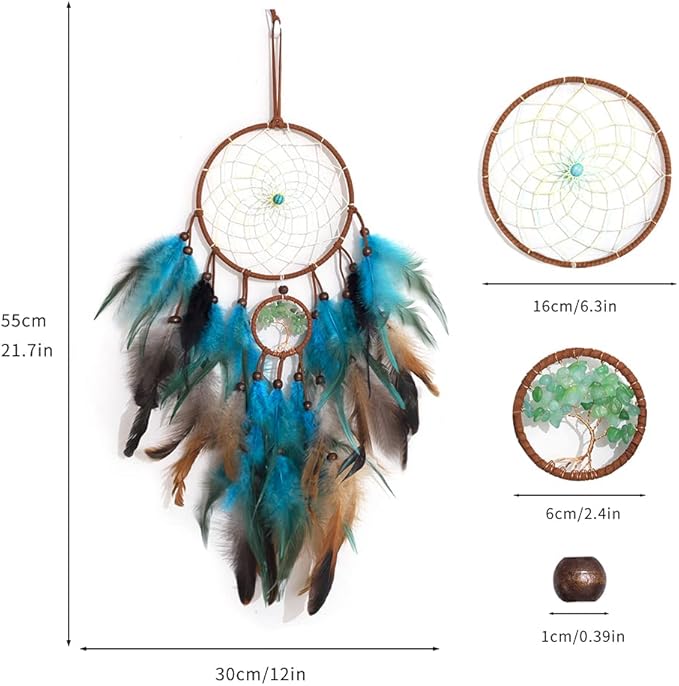 Dream Catcher Blue Tree of Life with Feathers, Handmade Indians Traditional Circular Net for Wall Hanging Decor, Bedroom Kids, Home Decoration Wedding Party Blessing Gift