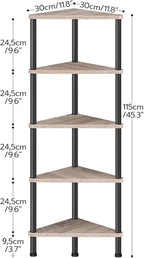 HOOBRO Corner Shelf Stand, Industrial 5-Tier Corner Bookshelf with Metal Frame, Corner Shelf Stand Display Plant Flower, Corner Bookcase for Small Spaces, Living Room, Greige and Black BG33CJ01