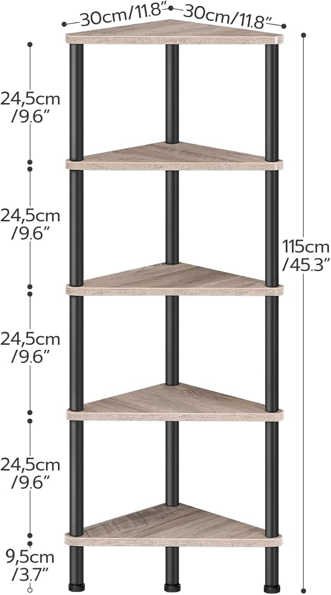 HOOBRO Corner Shelf Stand, Industrial 5-Tier Corner Bookshelf with Metal Frame, Corner Shelf Stand Display Plant Flower, Corner Bookcase for Small Spaces, Living Room, Greige and Black BG33CJ01