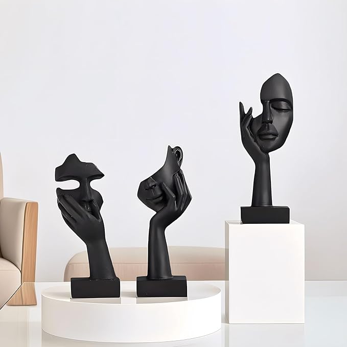 aboxoo 3 Pcs Thinker Statue, No Hear No See No Speak Modern Resin Sculptures Decor, Silence is Gold Abstract Art Figurines for Living Room, Home, Office Study (Black)