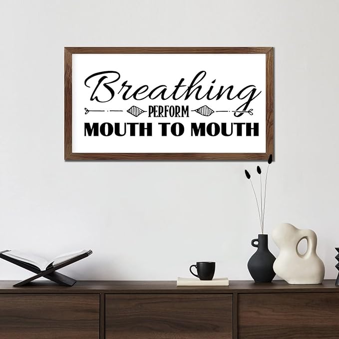 Family Lettering 12x22in Wood Framed Sign with Encouragement Quote Breathing Perform Mouth to Mouth Apricot Frame Wooden Plaque Housewarming Gift for Cottage Office Farmhouse Porch Wall Decor