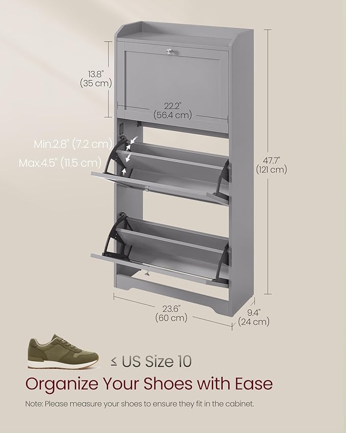 VASAGLE Shoe Cabinet with 3 Flip Drawers, Shoe Organizer, Adjustable and Removable Dividers, Holds 12-20 Pairs, Entryway, 9.4 x 23.6 x 47.7 Inches, Dove Gray ULBC036GD02S