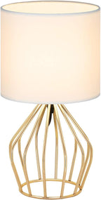 HAITRAL Gold Table Lamp - Modern Style Desk Lamp with Hollowed Out Base Linen Fabric Shade, Small Golden Bedside Lamp for Bedrooms, Living Room
