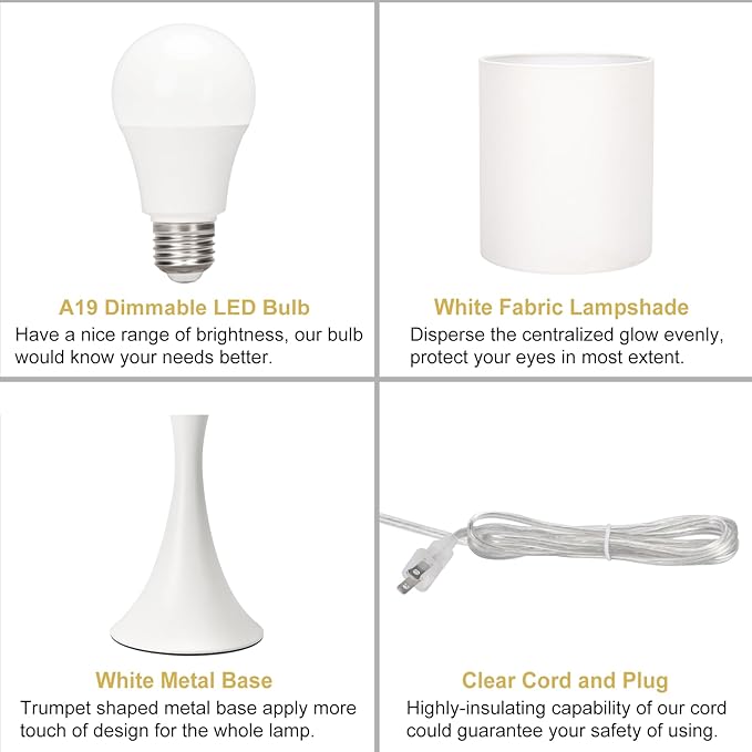 Modern Table Lamps, 3 Way Touch Control Table Lamp, Dimmable Desk Lamp, White Nightstand Lamp with Fabric Shade, Small Bedside Lamp for Living Room, Dorm,Home Office, LED Bulb Included