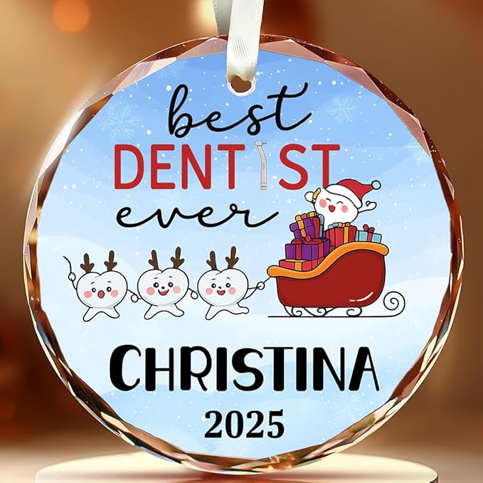 BSQUIELE Personalized Best Dentist Ever Glass Ornament 2025 - Custom Name Orthodontist Keepsake - Gift for Dental Assistant Hygienist - Unique Xmas Tree Hanging Decoration for Dental Professionals