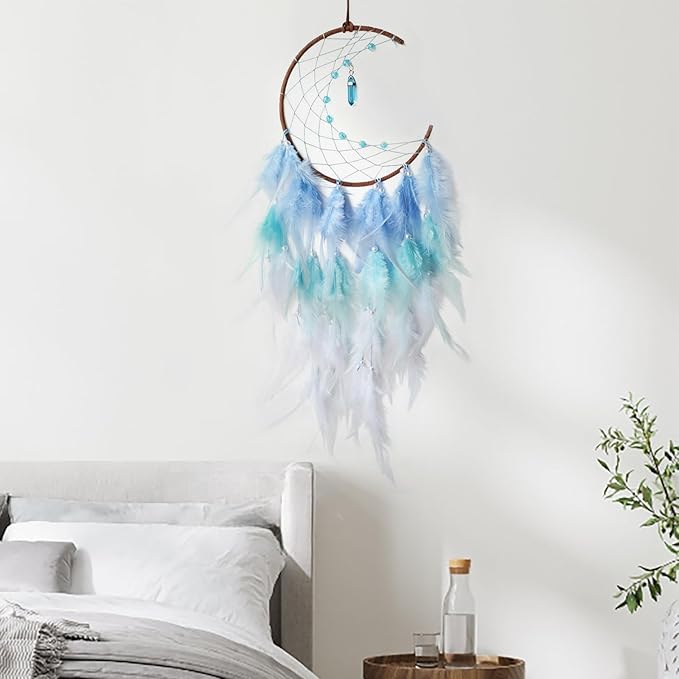 Blue Moon Dream Catcher Wall Decor Feather Dream Catchers with Pendant Handmade Dreamcatcher Wall Hanging Ornament for Bedroom Living Room Home Decor