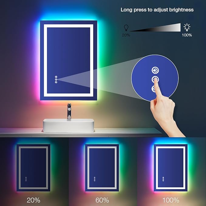 LOAAO 24"X32" LED Bathroom Mirror with Lights, Anti-Fog, Dimmable, RGB Backlit + Front Lighted, Bathroom Vanity Mirror for Wall, Memory Function, Shatter-Proof, Tempered Glass