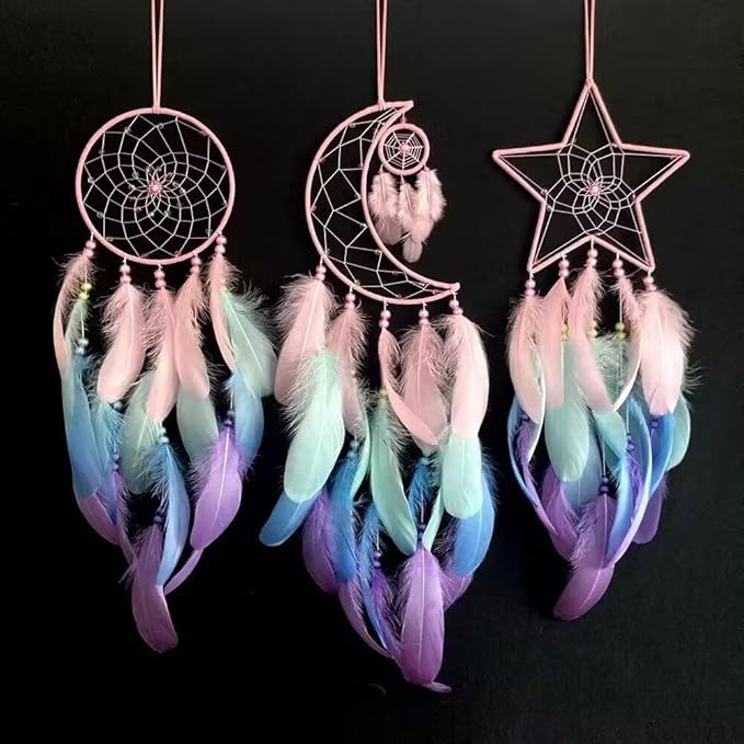 3PCS/LOT Star Moon Sun Shape Dream Catcher Home Decoration, and Baby Kids Room Accessory - Dream Catcher with Feather Decoration - Unique Home Craft Wall Pendant (Pink Mix Feather)