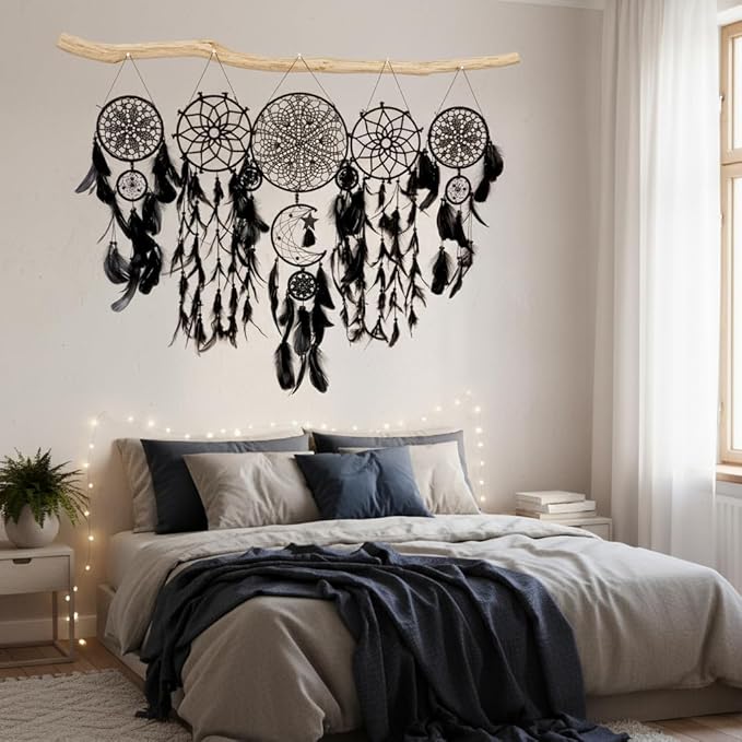 5 Pack Black Dream Catchers Boho Wall Decor Macrame Wall Hanging Large Moon Phase Handmade Traditional Dream Catcher for Bedroom Adult Living Room Home Halloween Decorations,Witchy Gifts(Black Set)